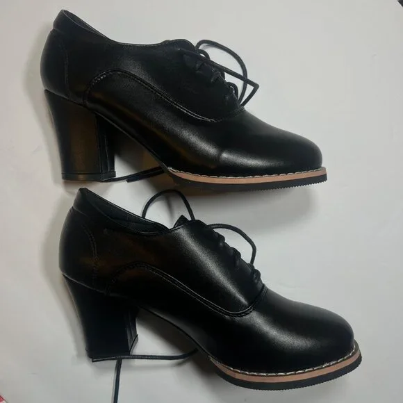 Black Lace-Up Chunky Heel Oxford Shoes For Women SZ 37 - Picture 4 of 7